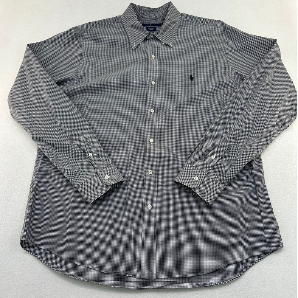 Ralph Lauren Mens XL Gingham Button Down Shirt Navy Blue White Cotton Stretch